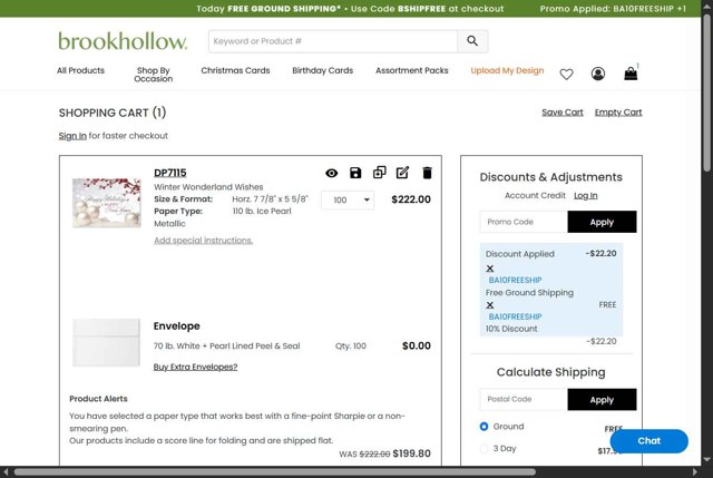 Brookhollow Cards checkout page showing Brookhollow Cards discount code box | Screenshot taken by SimplyCodes community member on Jul 15, 2025