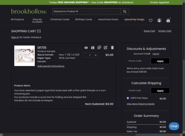 Brookhollow Cards checkout page showing Brookhollow Cards discount code box | Screenshot taken by SimplyCodes community member on Aug 6, 2025