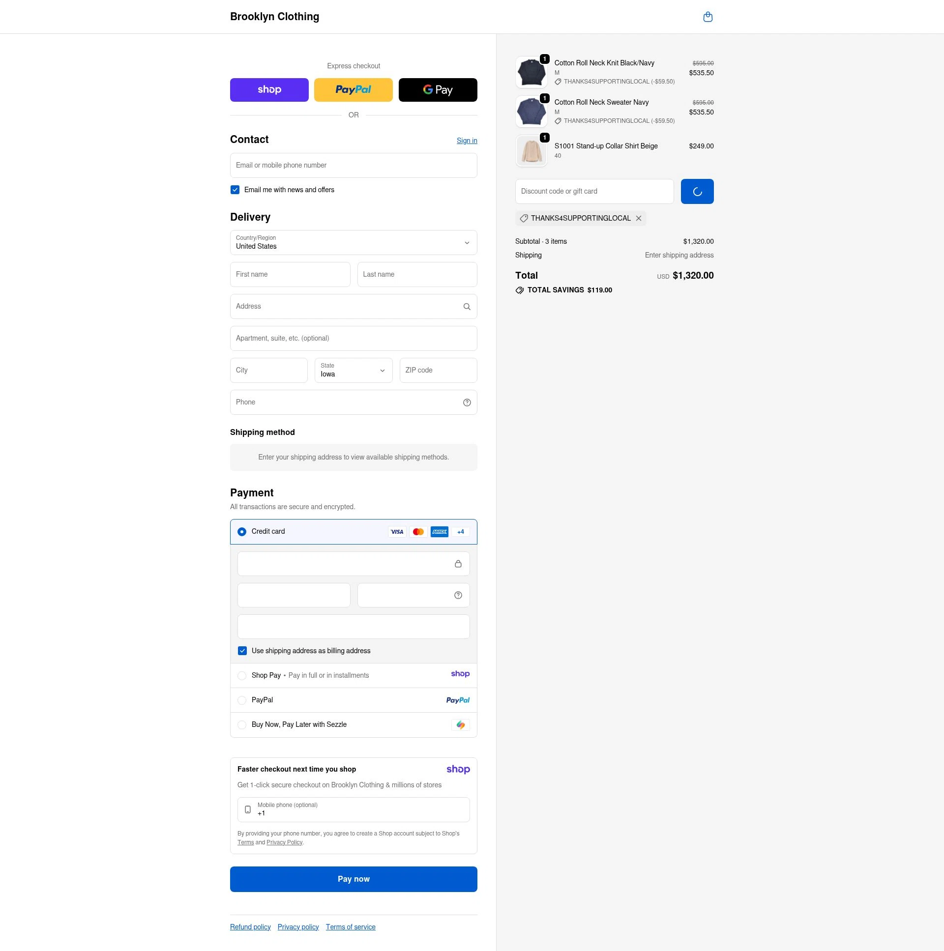 Brooklyn Clothing checkout page showing Brooklyn Clothing discount code box | Screenshot taken by SimplyCodes community member on Jan 12, 2026