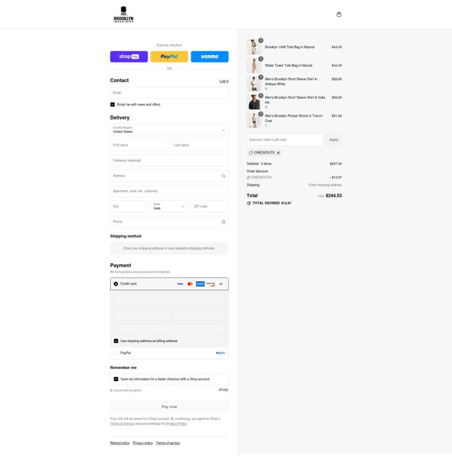 Brooklyn Industries checkout page showing Brooklyn Industries promo code box | Screenshot taken by SimplyCodes community member on Aug 26, 2025