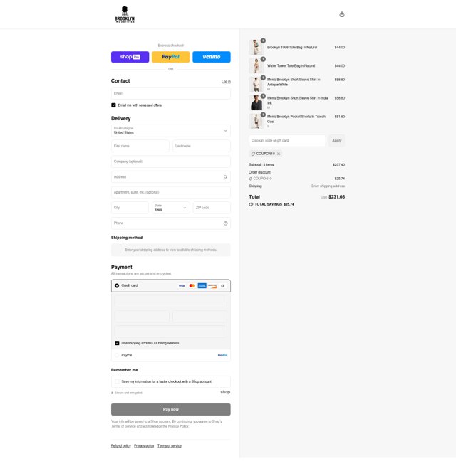 Brooklyn Industries checkout page showing Brooklyn Industries promo code box | Screenshot taken by SimplyCodes community member on Aug 22, 2025