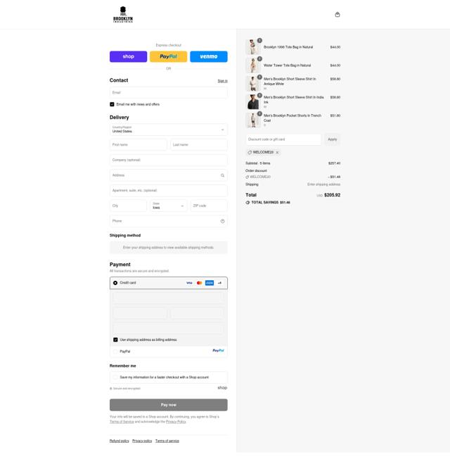 Brooklyn Industries checkout page showing Brooklyn Industries promo code box | Screenshot taken by SimplyCodes community member on Sep 11, 2025