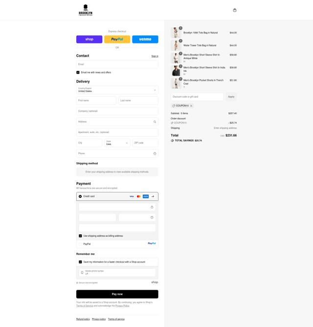 Brooklyn Industries checkout page showing Brooklyn Industries promo code box | Screenshot taken by SimplyCodes community member on Sep 11, 2025