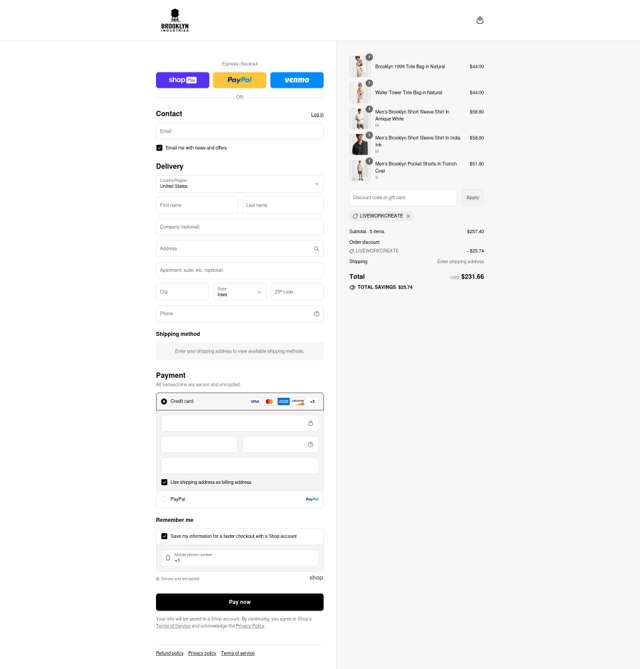 Brooklyn Industries checkout page showing Brooklyn Industries promo code box | Screenshot taken by SimplyCodes community member on Aug 22, 2025