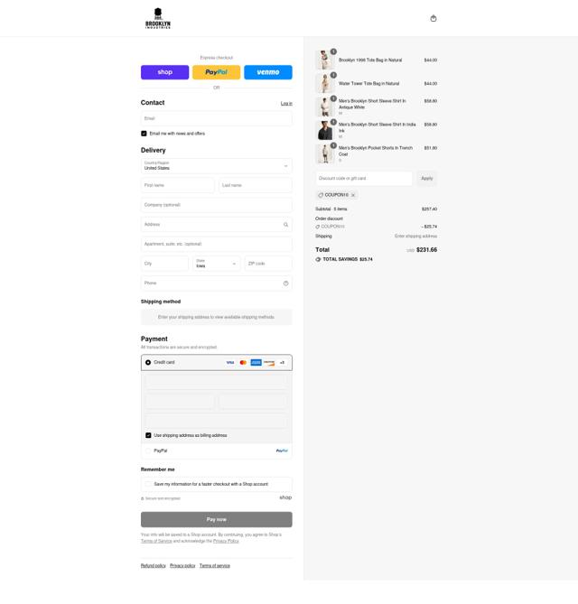 Brooklyn Industries checkout page showing Brooklyn Industries promo code box | Screenshot taken by SimplyCodes community member on Sep 8, 2025