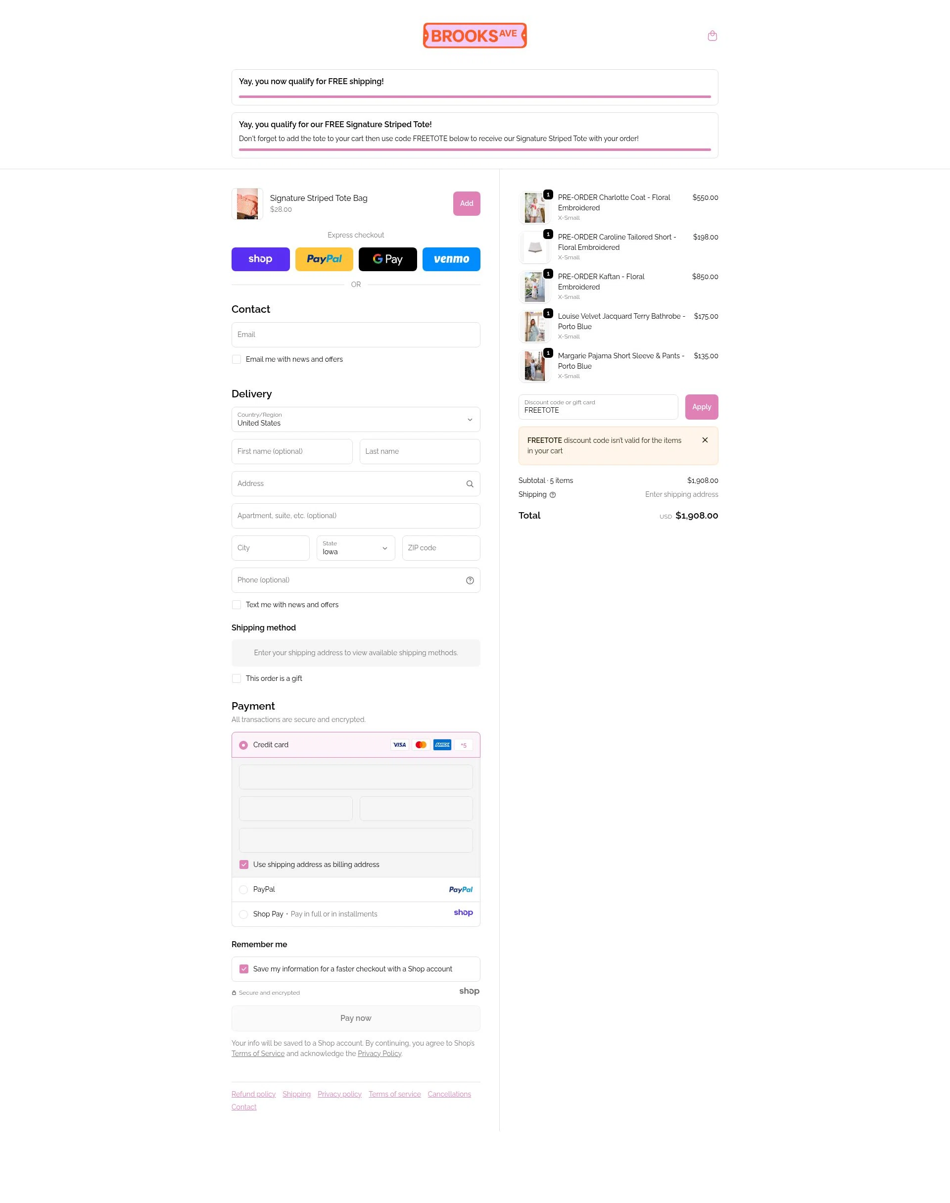 Brooks Avenue checkout page showing Brooks Avenue promo code box | Screenshot taken by SimplyCodes community member on Dec 8, 2025