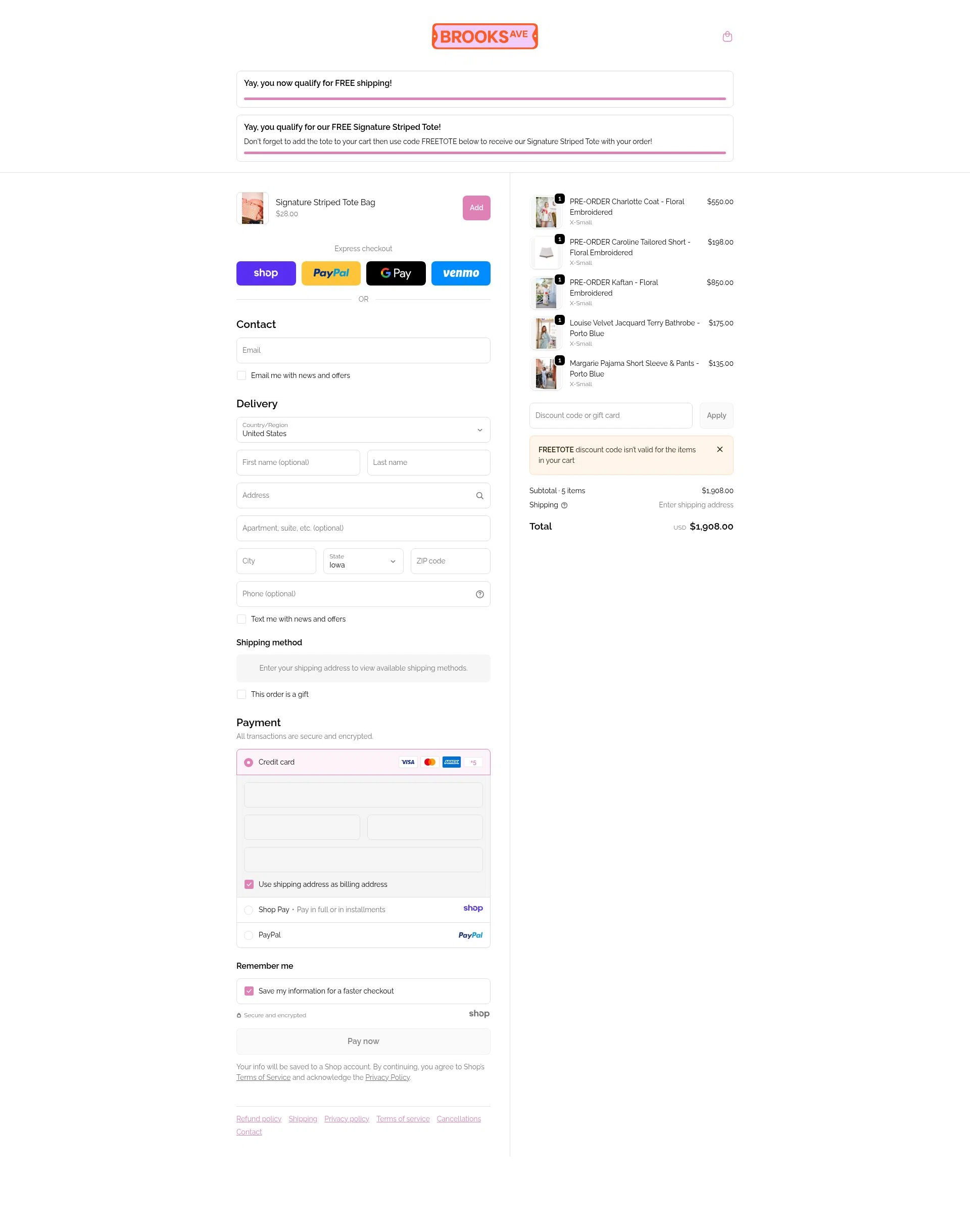 Brooks Avenue checkout page showing Brooks Avenue promo code box | Screenshot taken by SimplyCodes community member on Dec 21, 2025