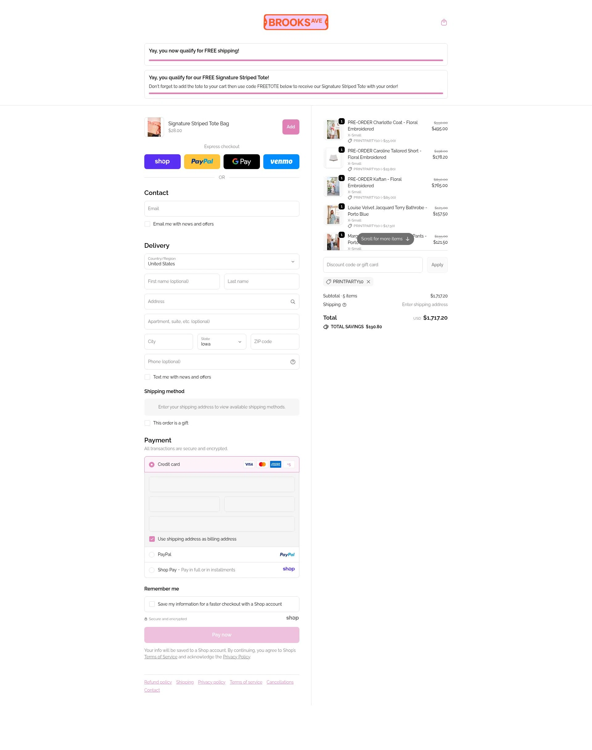 Brooks Avenue checkout page showing Brooks Avenue promo code box | Screenshot taken by SimplyCodes community member on Dec 8, 2025