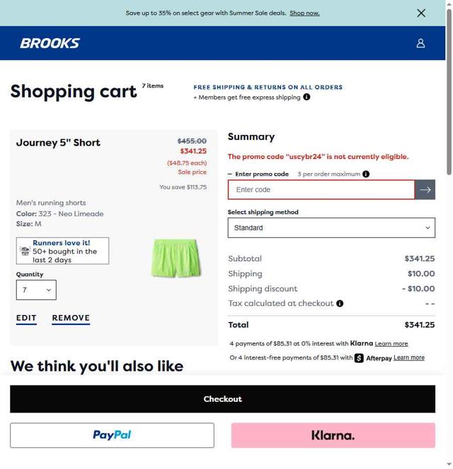 Brooks Running checkout page showing Brooks Running promo code box | Screenshot taken by SimplyCodes community member on Jun 9, 2025