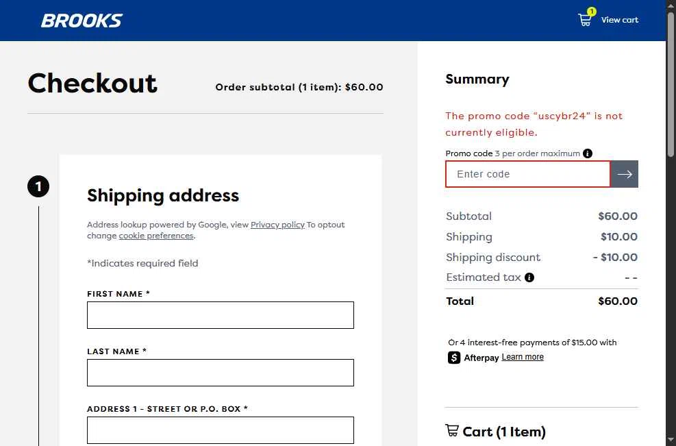 Brooks Running checkout page showing Brooks Running promo code box | Screenshot taken by SimplyCodes community member on May 15, 2025