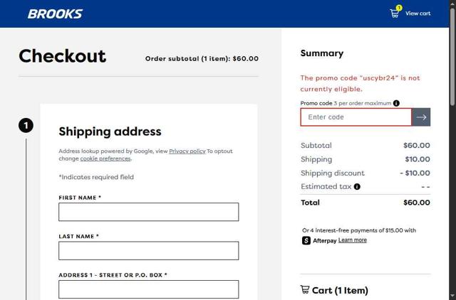 Brooks Running checkout page showing Brooks Running promo code box | Screenshot taken by SimplyCodes community member on May 15, 2025