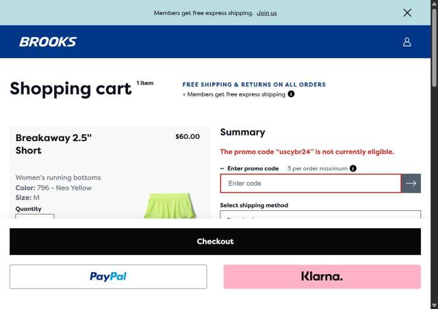 Brooks Running checkout page showing Brooks Running promo code box | Screenshot taken by SimplyCodes community member on May 16, 2025