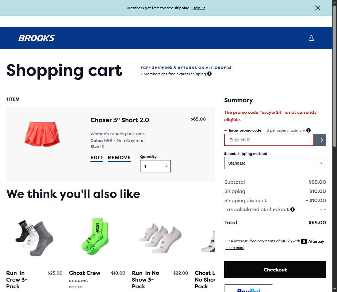Brooks Running checkout page showing Brooks Running promo code box | Screenshot taken by SimplyCodes community member on May 15, 2025