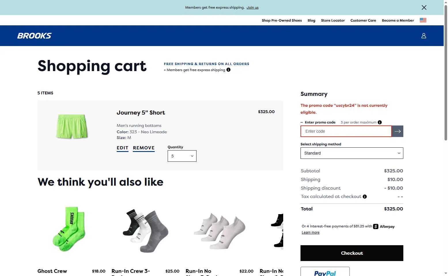 Brooks Running checkout page showing Brooks Running promo code box | Screenshot taken by SimplyCodes community member on May 16, 2025