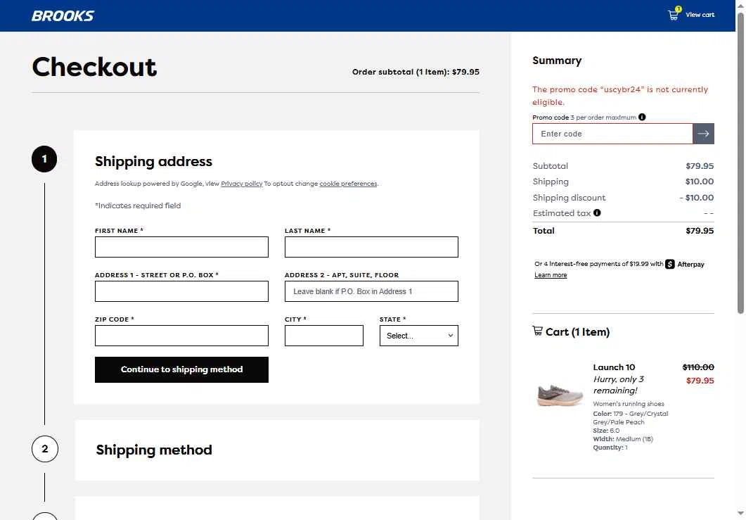 Brooks Running checkout page showing Brooks Running promo code box | Screenshot taken by SimplyCodes community member on May 16, 2025