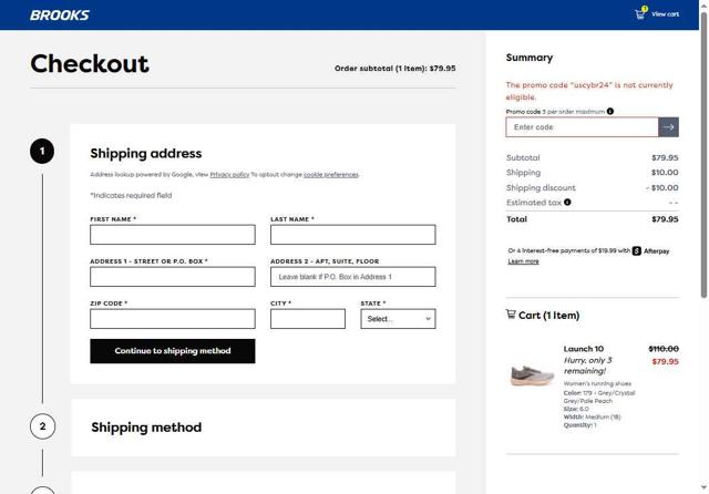 Brooks Running checkout page showing Brooks Running promo code box | Screenshot taken by SimplyCodes community member on May 16, 2025