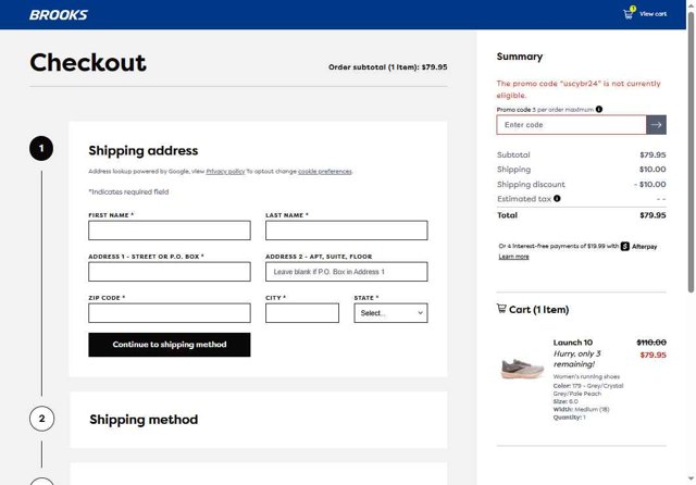 Brooks Running checkout page showing Brooks Running promo code box | Screenshot taken by SimplyCodes community member on May 16, 2025