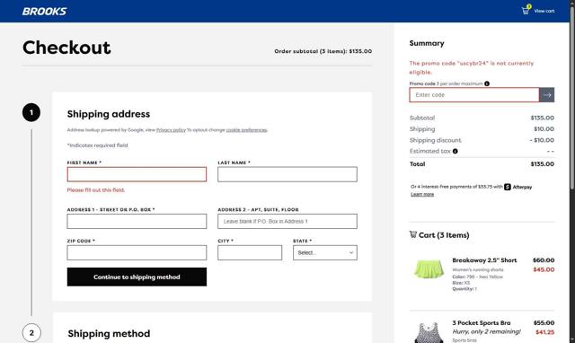 Brooks Running checkout page showing Brooks Running promo code box | Screenshot taken by SimplyCodes community member on Jun 8, 2025