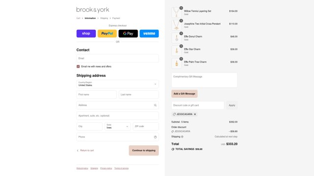 Brook & York checkout page showing Brook & York discount code box | Screenshot taken by SimplyCodes community member on Sep 4, 2025