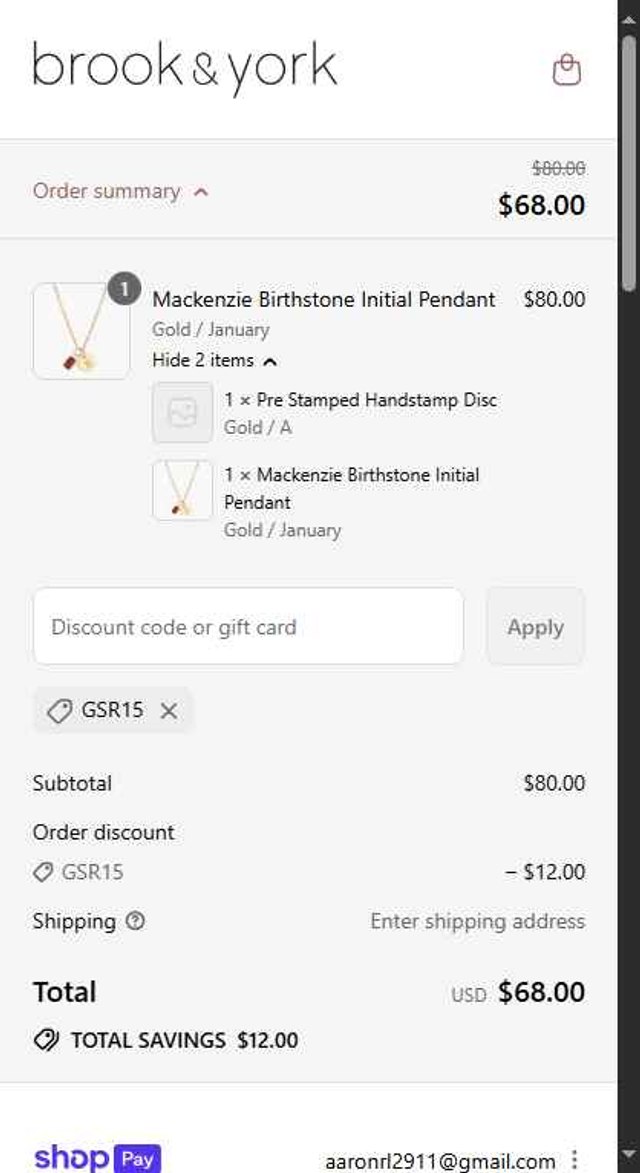 Brook & York checkout page showing Brook & York discount code box | Screenshot taken by SimplyCodes community member on Aug 27, 2025