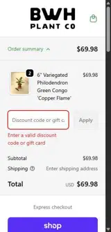 BWHWELCOME coupon verification screenshot