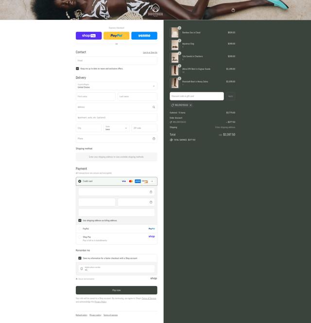 Brother Vellies checkout page showing Brother Vellies promo code box | Screenshot taken by SimplyCodes community member on Aug 17, 2025