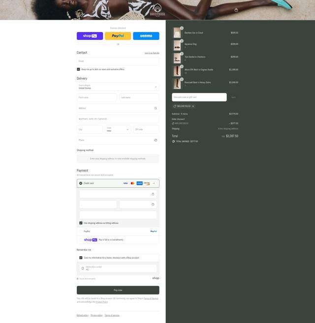 Brother Vellies checkout page showing Brother Vellies promo code box | Screenshot taken by SimplyCodes community member on Aug 13, 2025