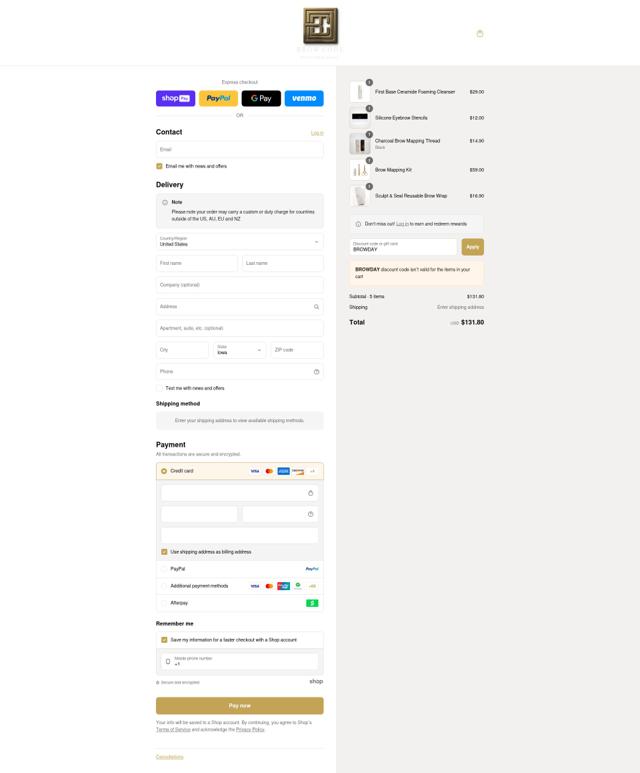 Brow Code US checkout page showing Brow Code US promo code box | Screenshot taken by SimplyCodes community member on Aug 14, 2025