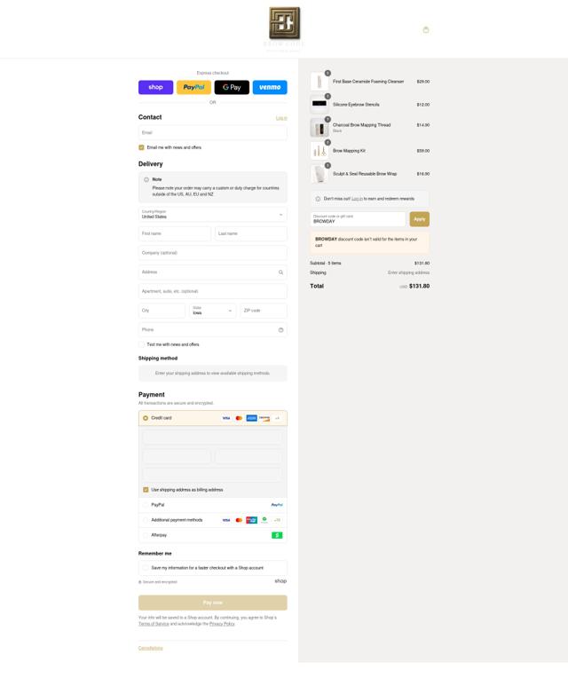 Brow Code US checkout page showing Brow Code US promo code box | Screenshot taken by SimplyCodes community member on Aug 30, 2025