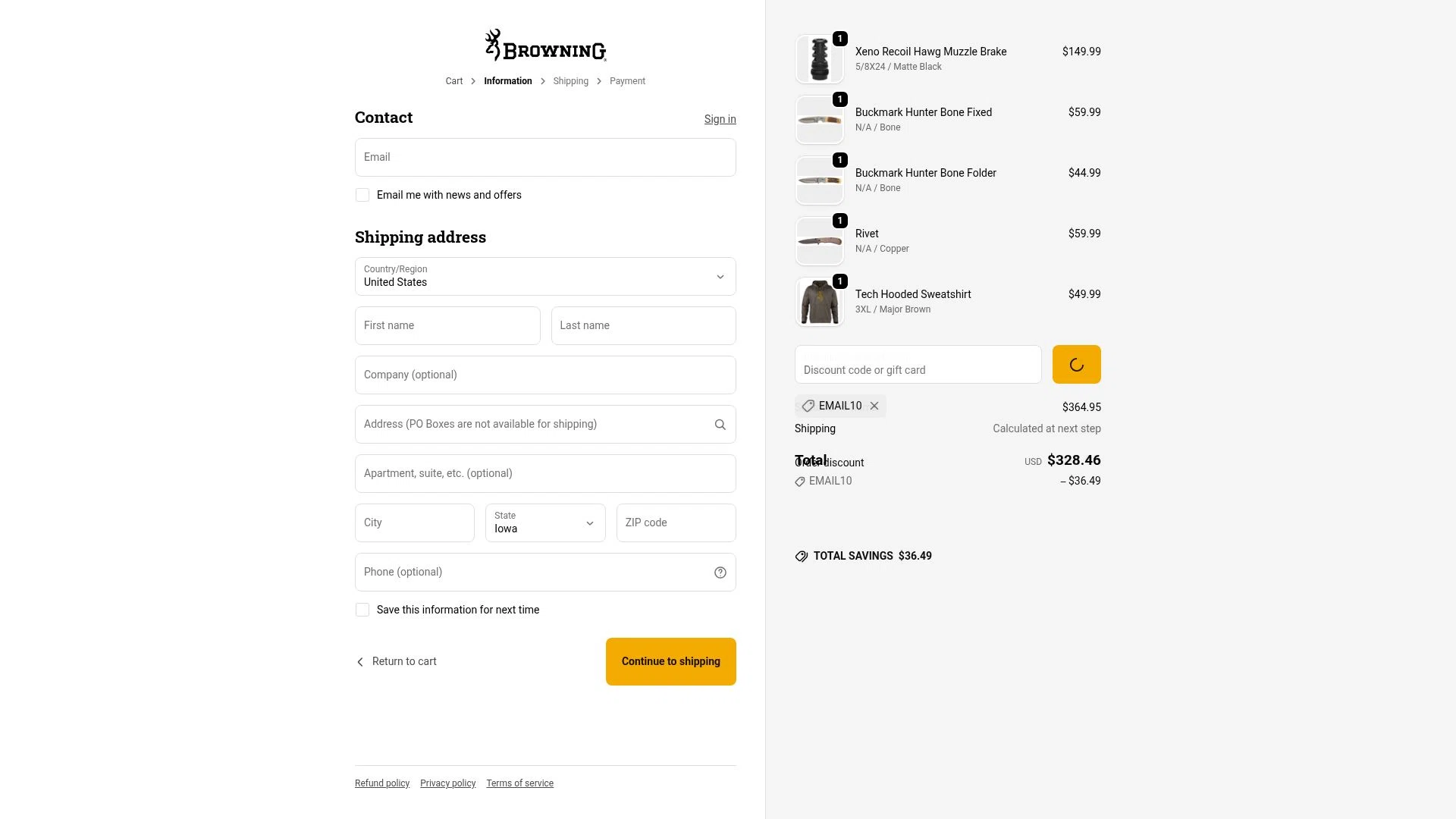 Browning checkout page showing Browning discount code box | Screenshot taken by SimplyCodes community member on Jan 26, 2026