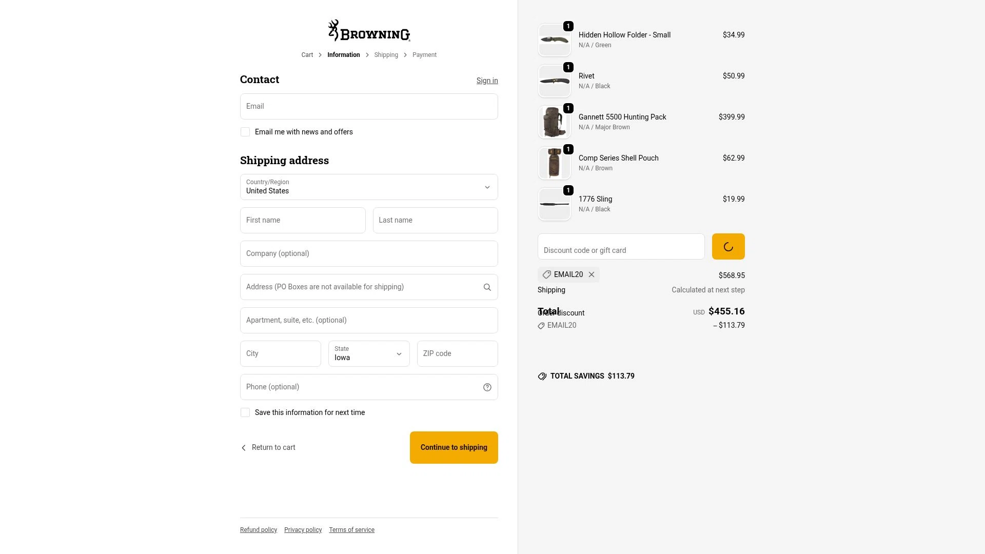 Browning checkout page showing Browning discount code box | Screenshot taken by SimplyCodes community member on Feb 8, 2026