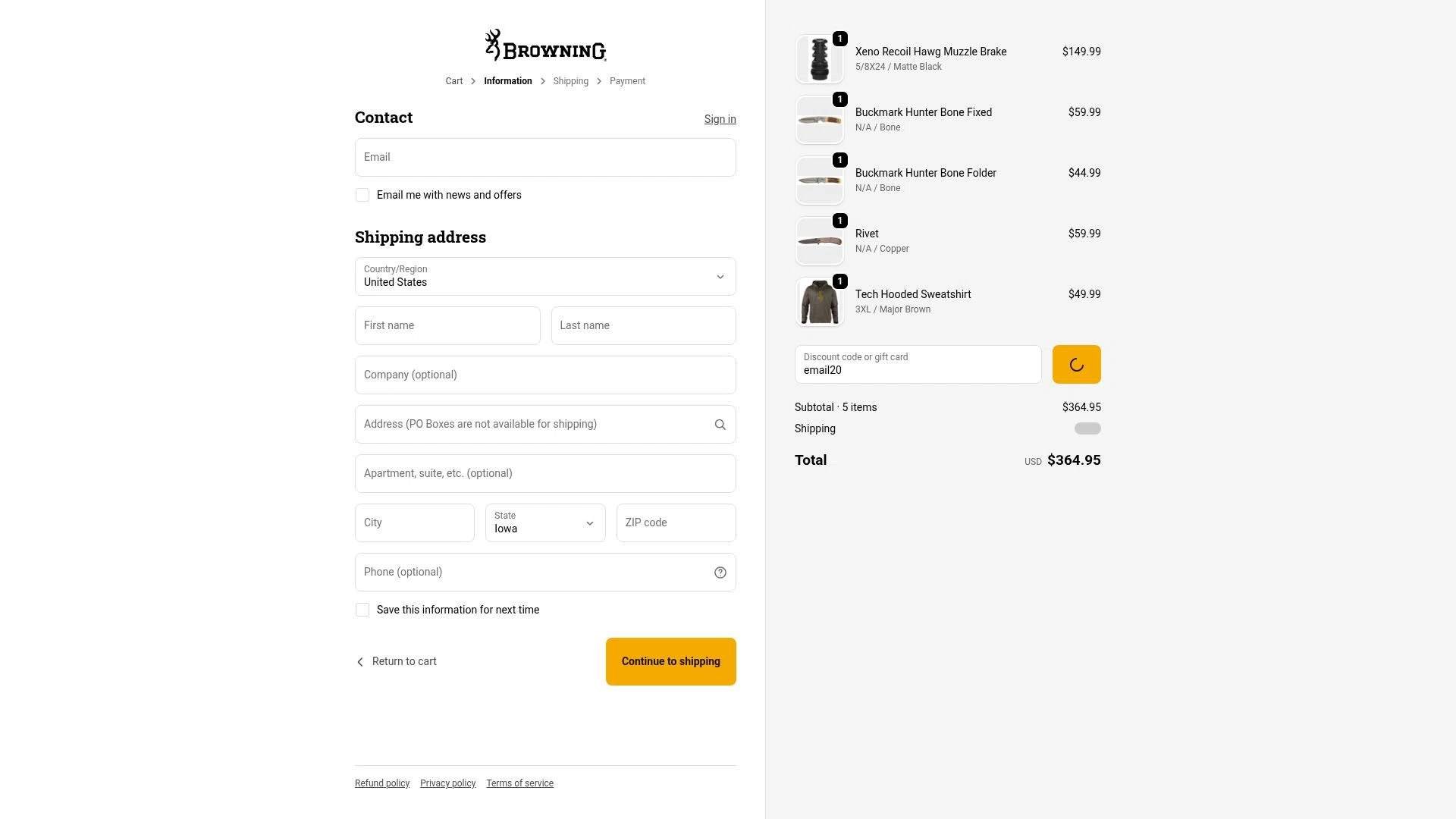 Browning checkout page showing Browning discount code box | Screenshot taken by SimplyCodes community member on Jan 26, 2026