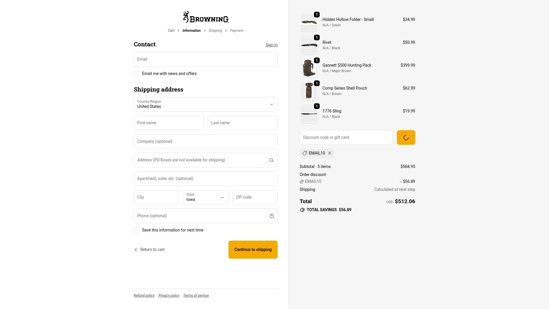 Browning checkout page showing Browning discount code box | Screenshot taken by SimplyCodes community member on Feb 8, 2026