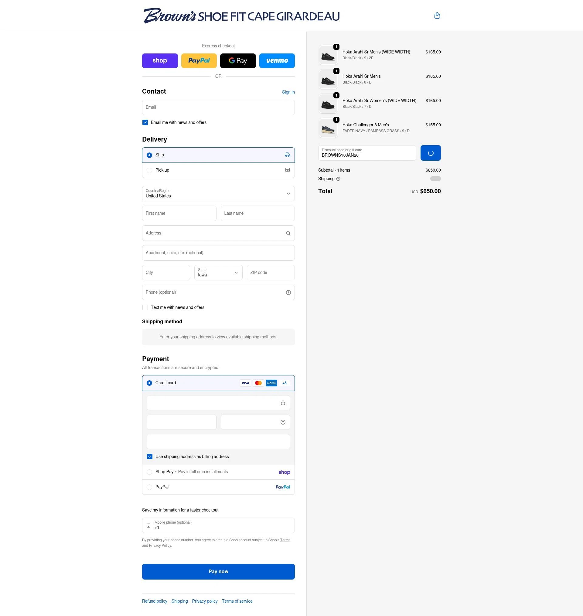 Brown's Shoe Fit checkout page showing Brown's Shoe Fit promo code box | Screenshot taken by SimplyCodes community member on Feb 1, 2026
