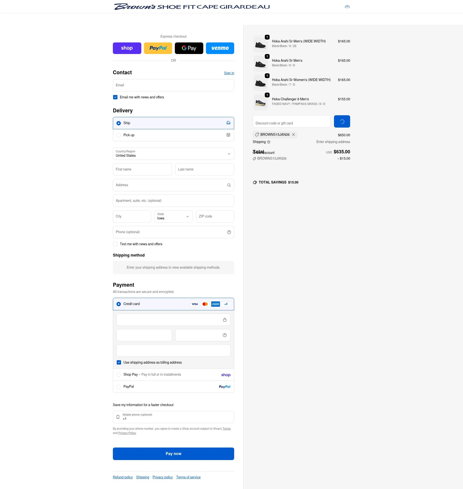 Brown's Shoe Fit checkout page showing Brown's Shoe Fit promo code box | Screenshot taken by SimplyCodes community member on Feb 1, 2026