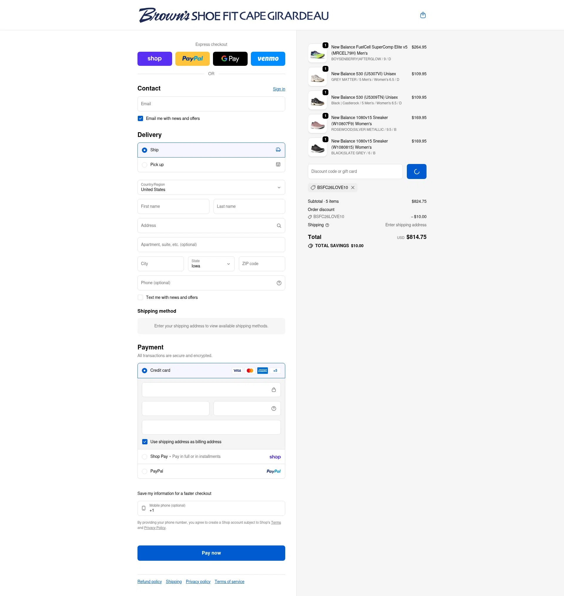Brown's Shoe Fit checkout page showing Brown's Shoe Fit promo code box | Screenshot taken by SimplyCodes community member on Feb 9, 2026