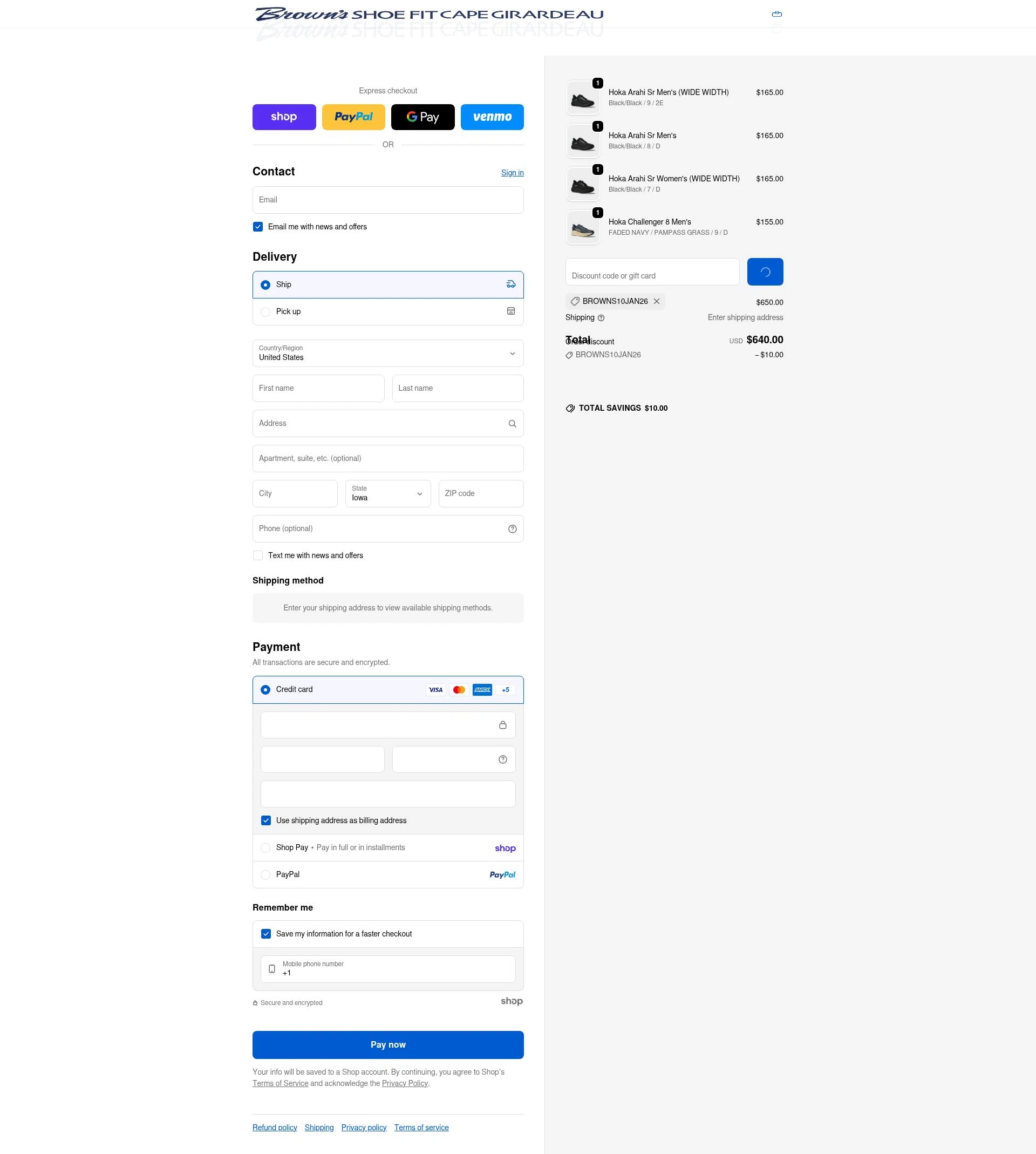 Brown's Shoe Fit checkout page showing Brown's Shoe Fit promo code box | Screenshot taken by SimplyCodes community member on Jan 27, 2026