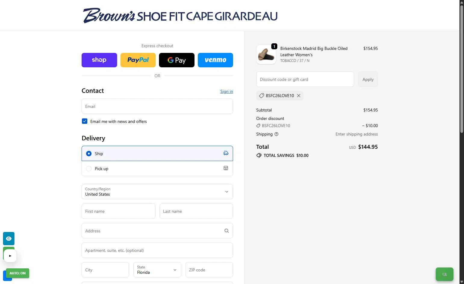 Brown's Shoe Fit checkout page showing Brown's Shoe Fit promo code box | Screenshot taken by SimplyCodes community member on Feb 7, 2026