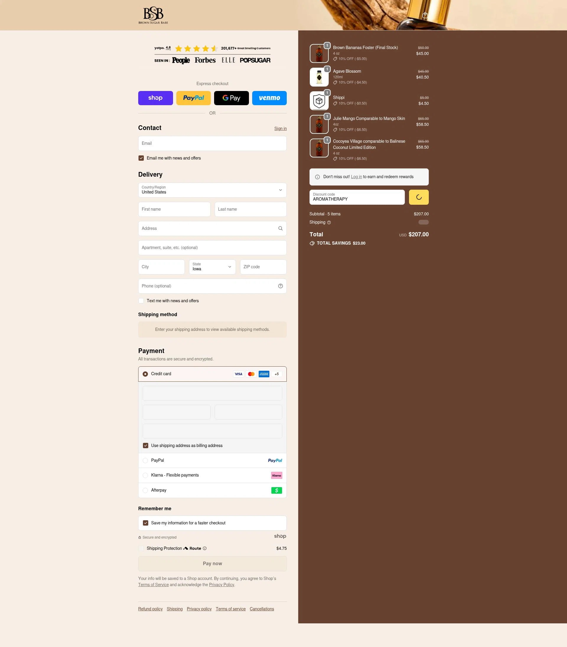 Brown Sugar Babe checkout page showing Brown Sugar Babe discount code box | Screenshot taken by SimplyCodes community member on Dec 19, 2025