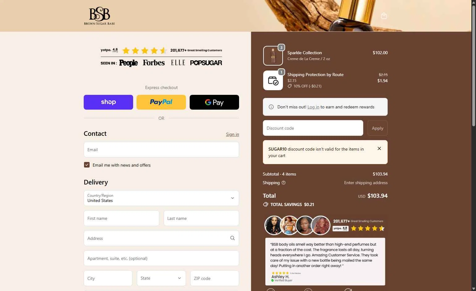 Brown Sugar Babe checkout page showing Brown Sugar Babe discount code box | Screenshot taken by SimplyCodes community member on Dec 25, 2025