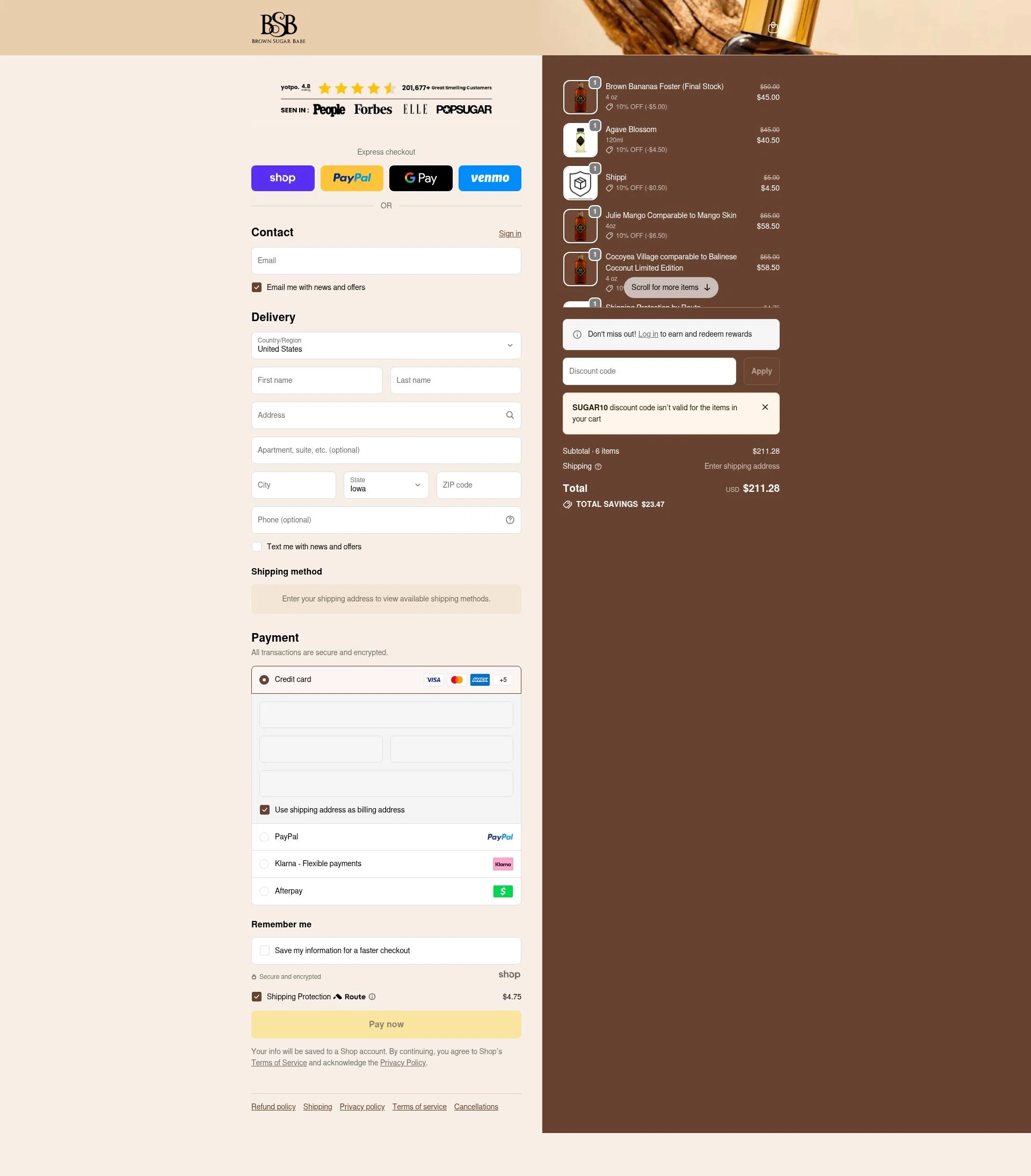 Brown Sugar Babe checkout page showing Brown Sugar Babe discount code box | Screenshot taken by SimplyCodes community member on Dec 30, 2025
