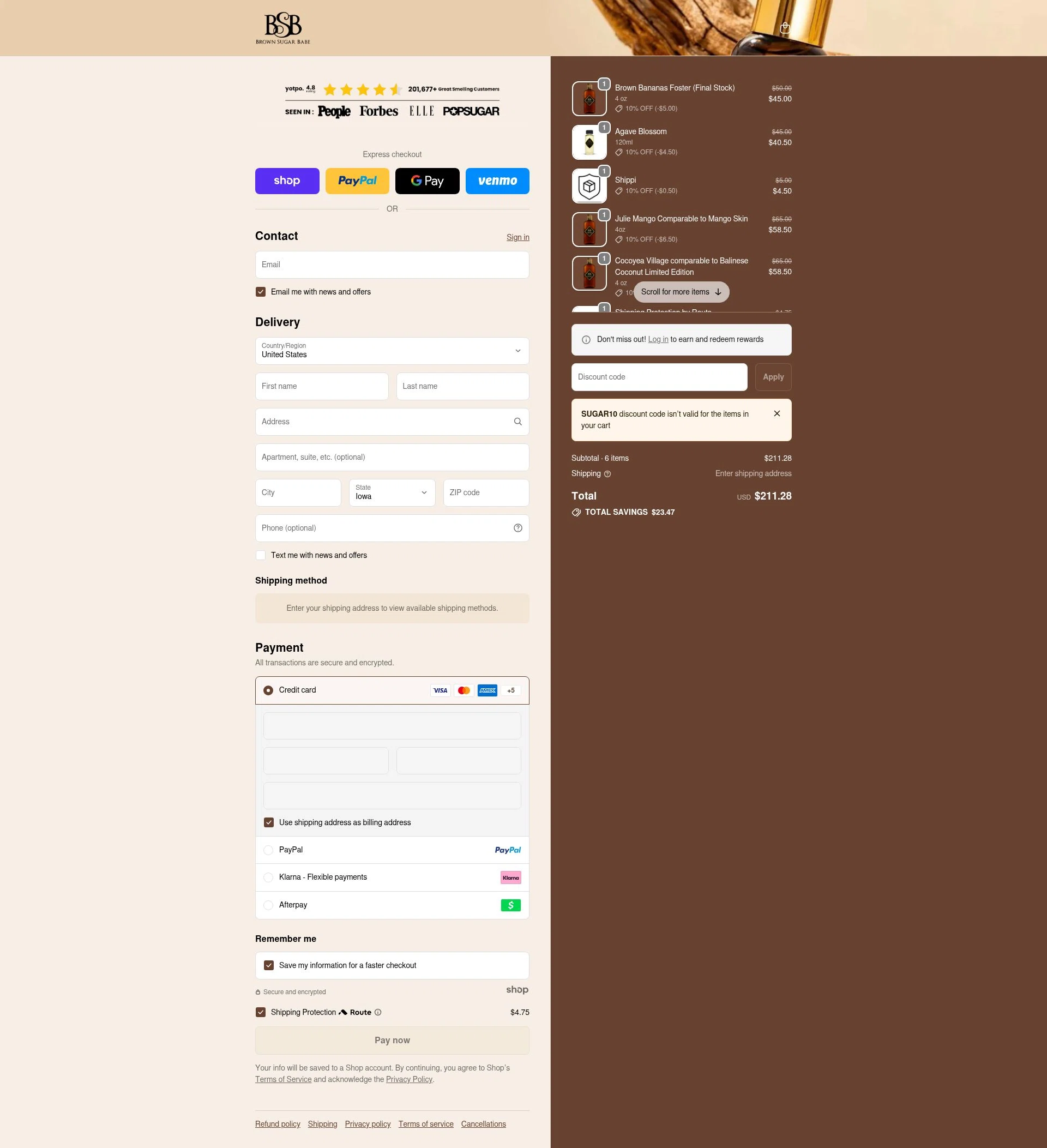 Brown Sugar Babe checkout page showing Brown Sugar Babe discount code box | Screenshot taken by SimplyCodes community member on Dec 19, 2025