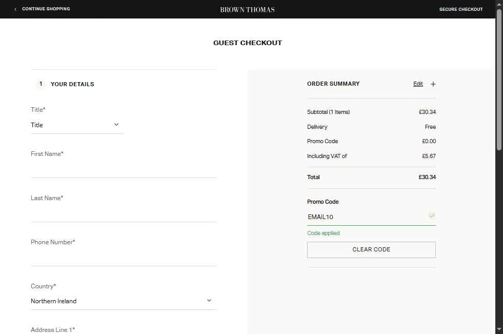 Brown Thomas checkout page showing Brown Thomas promo code box | Screenshot taken by SimplyCodes community member on May 9, 2025