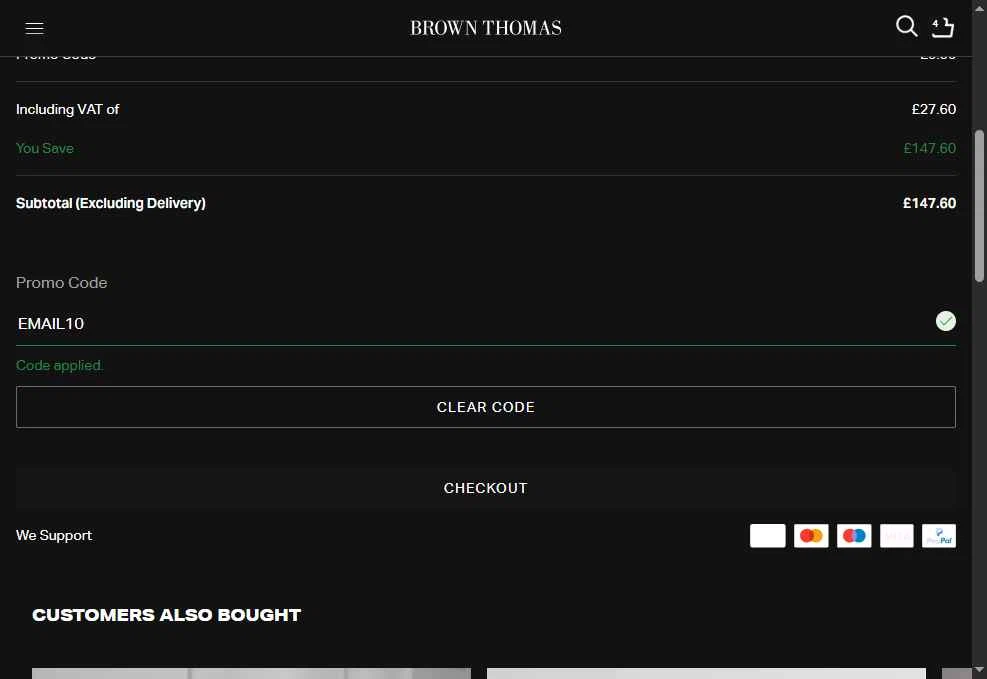 Brown Thomas checkout page showing Brown Thomas promo code box | Screenshot taken by SimplyCodes community member on May 2, 2025