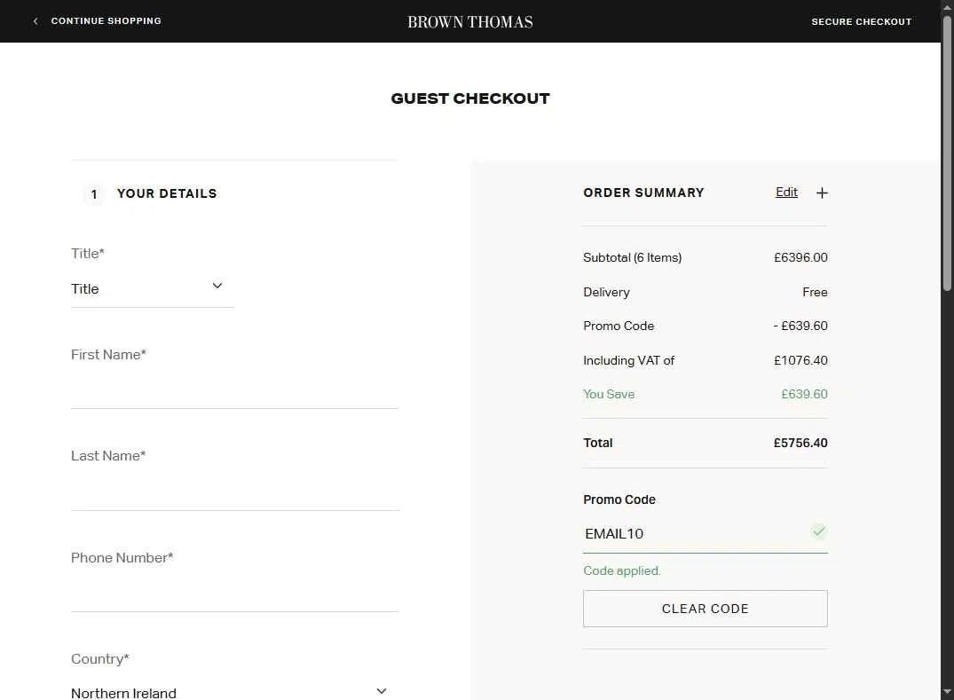 Brown Thomas checkout page showing Brown Thomas promo code box | Screenshot taken by SimplyCodes community member on May 2, 2025