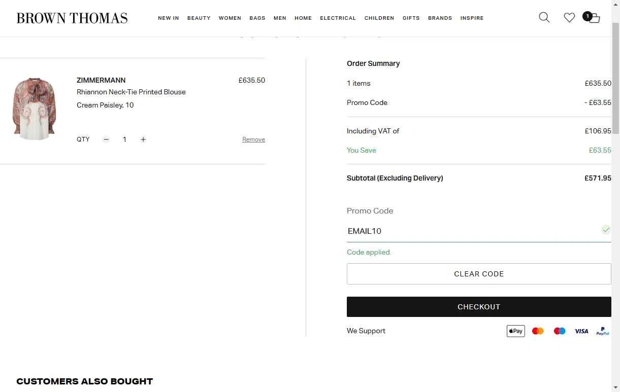 Brown Thomas checkout page showing Brown Thomas promo code box | Screenshot taken by SimplyCodes community member on Apr 26, 2025