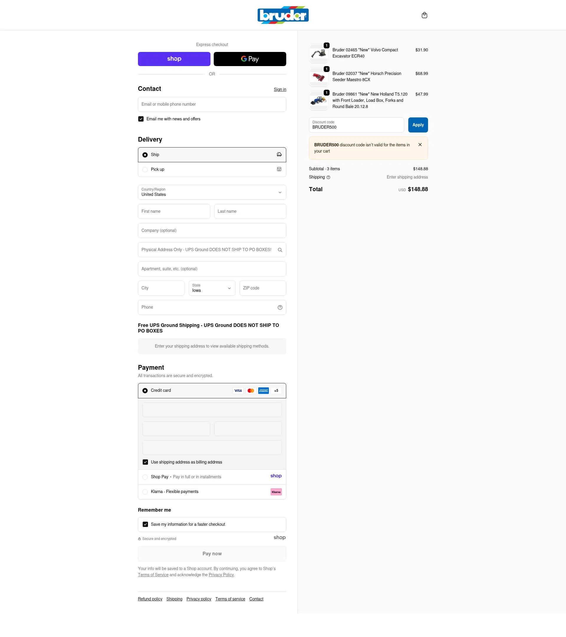 Bruder Toy Shop checkout page showing Bruder Toy Shop discount code box | Screenshot taken by SimplyCodes community member on Dec 15, 2025
