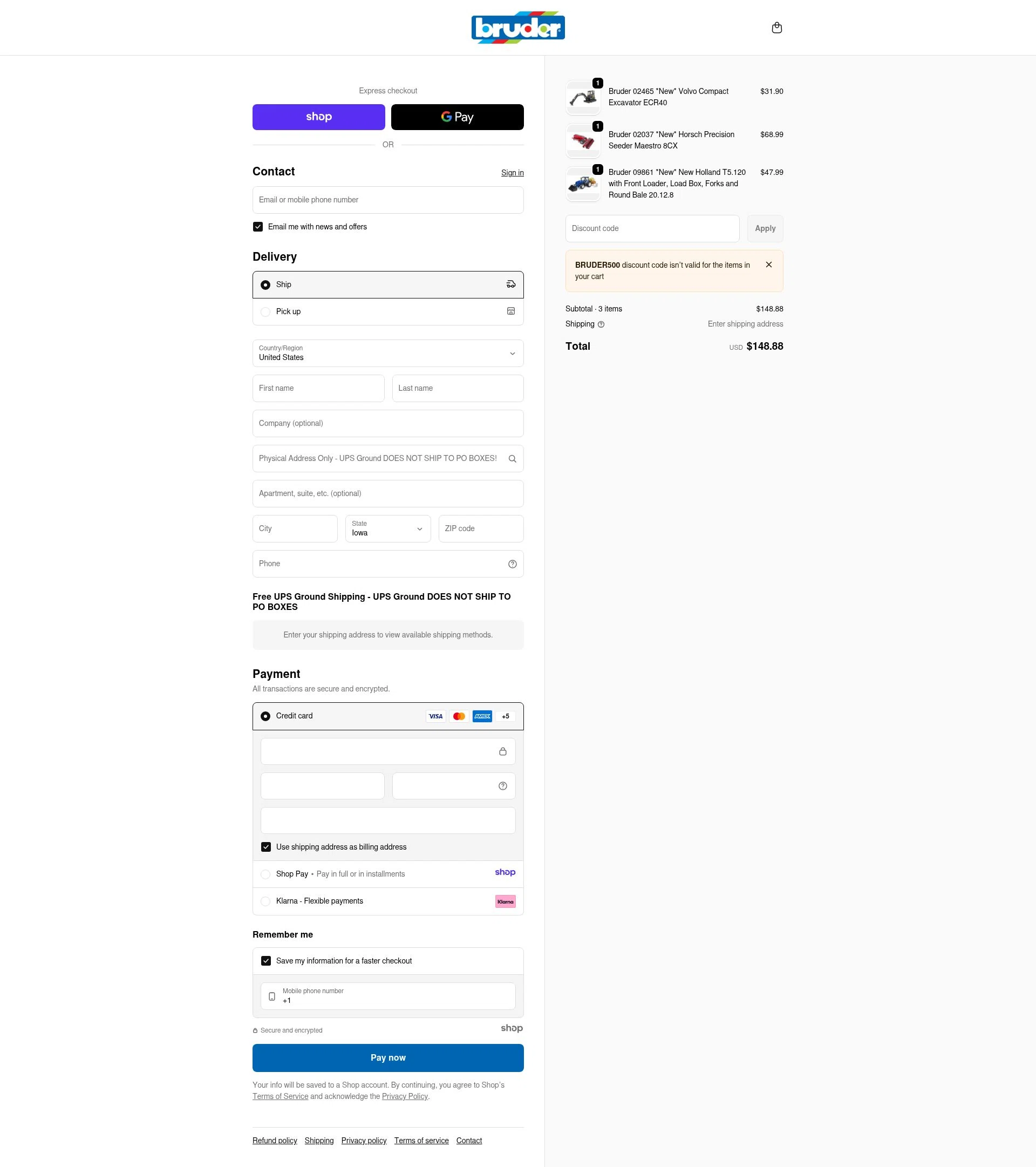 Bruder Toy Shop checkout page showing Bruder Toy Shop discount code box | Screenshot taken by SimplyCodes community member on Dec 22, 2025