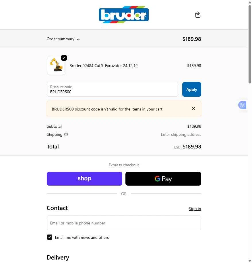Bruder Toy Shop checkout page showing Bruder Toy Shop discount code box | Screenshot taken by SimplyCodes community member on Dec 10, 2025