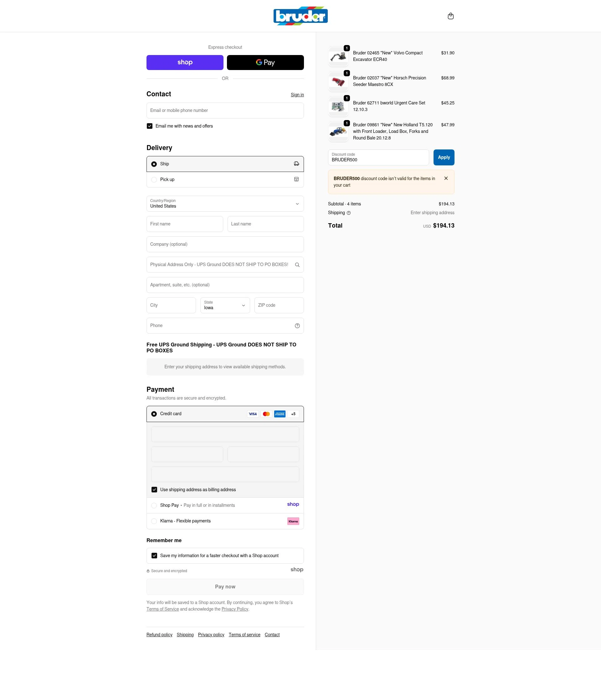Bruder Toy Shop checkout page showing Bruder Toy Shop discount code box | Screenshot taken by SimplyCodes community member on Dec 3, 2025